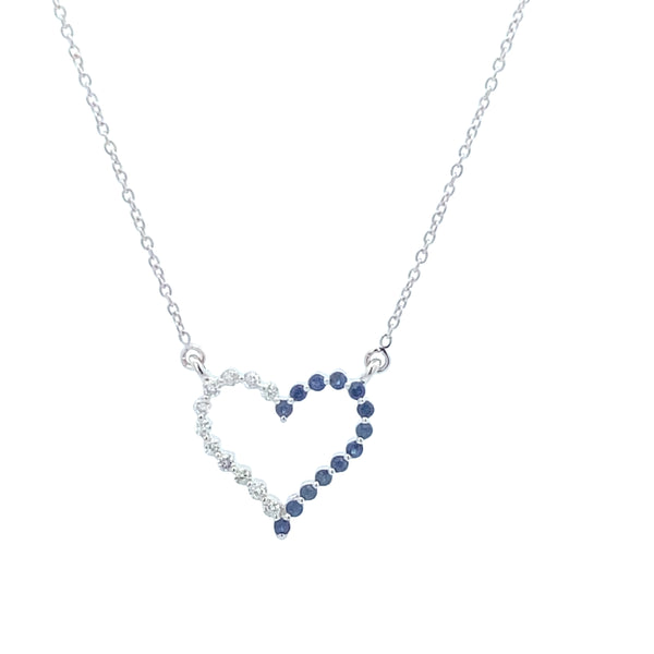 White Gold Diamond And Blue Sapphire Open Heart Necklace