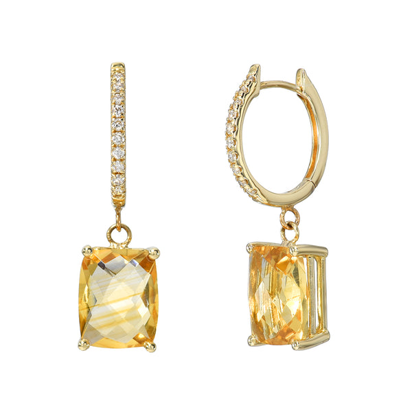 Yellow Gold Diamond Citrine Drop Earrings