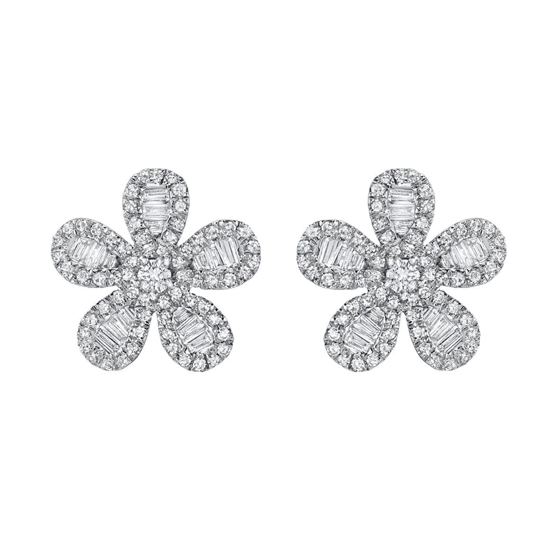 White Gold Diamond Baguette Flower Stud Earrings