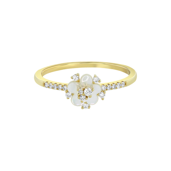 Yellow Gold Diamond Mother Of Pearl Flower Stacking Ring