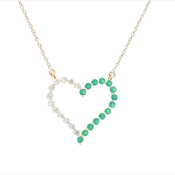Yellow Gold Emerald And Diamond Open Heart Necklace