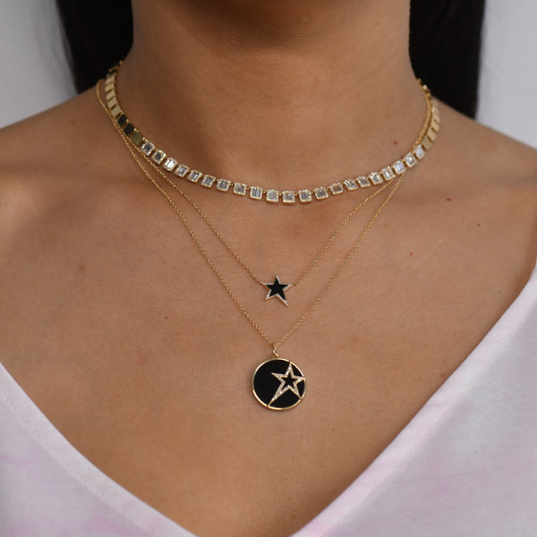 Yellow Gold Diamond Onyx Mini Star Necklace
