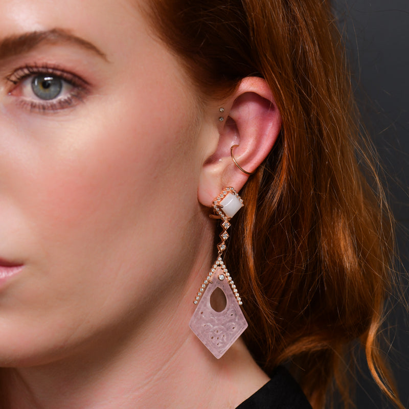 Silver Rose Quartz Lace Chandelier Earrings