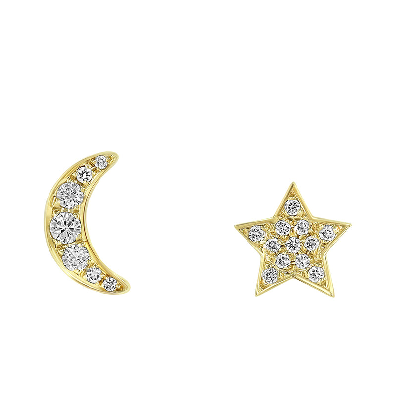 Yellow Gold Diamond Moon & Star Stud Earrings