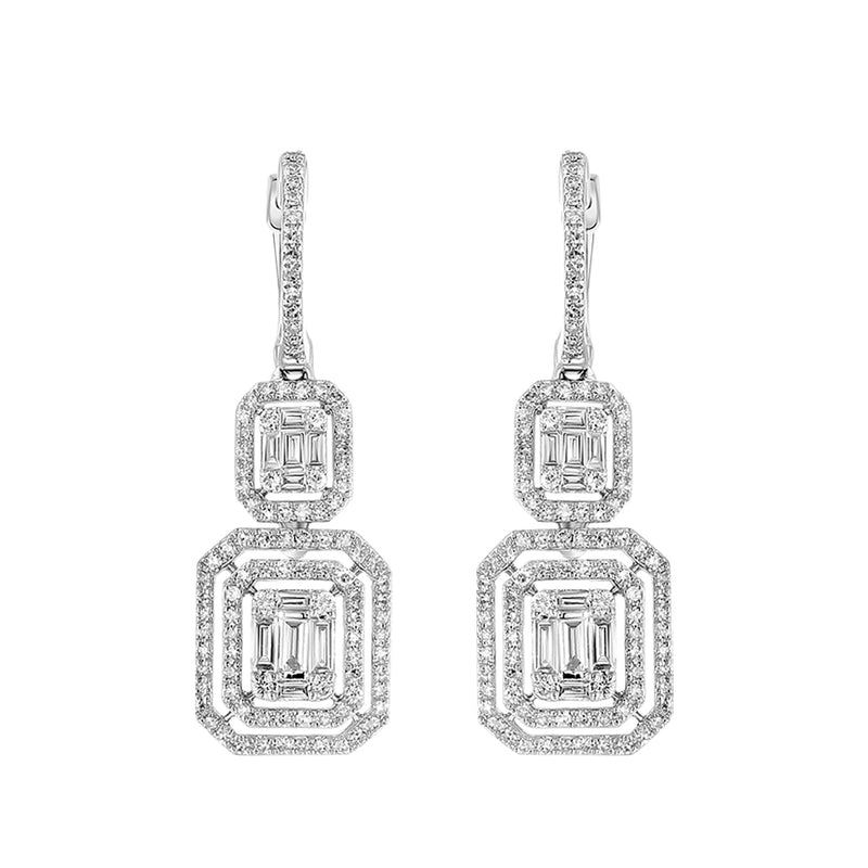 White Gold Diamond Square Baguette Double Drop Earrings