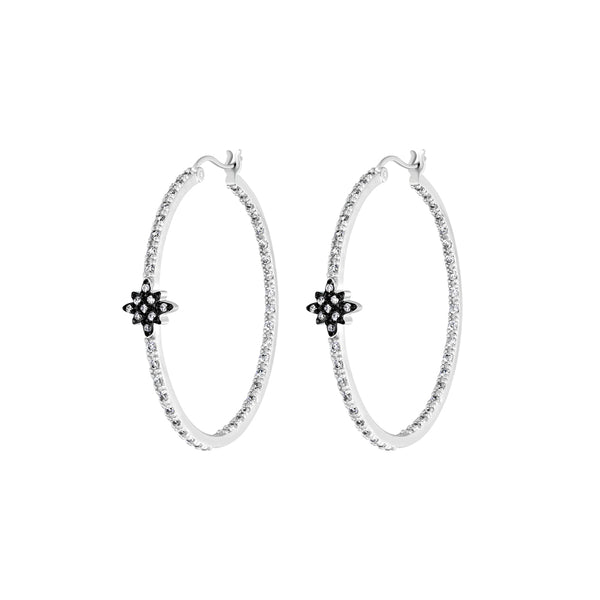 2.5" Silver Faux Diamond Black Flower Hoop Earrings