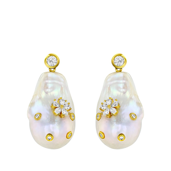Baroque Pearl Faux Diamond Flower Drop Earrings