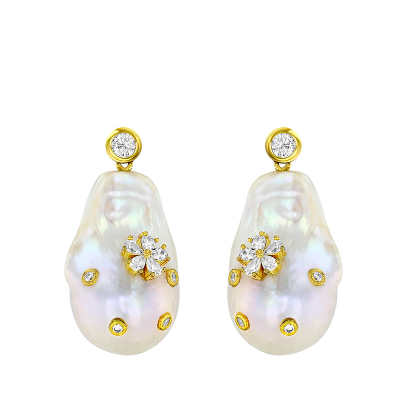 Baroque Pearl Faux Diamond Flower Drop Earrings
