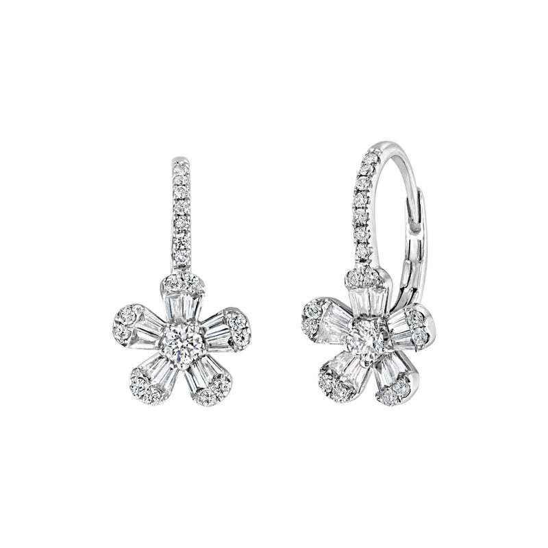 White Gold Diamond Flower Drop Earrings