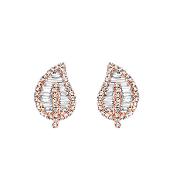 Gold Diamond Baguette Leaf Stud Earrings