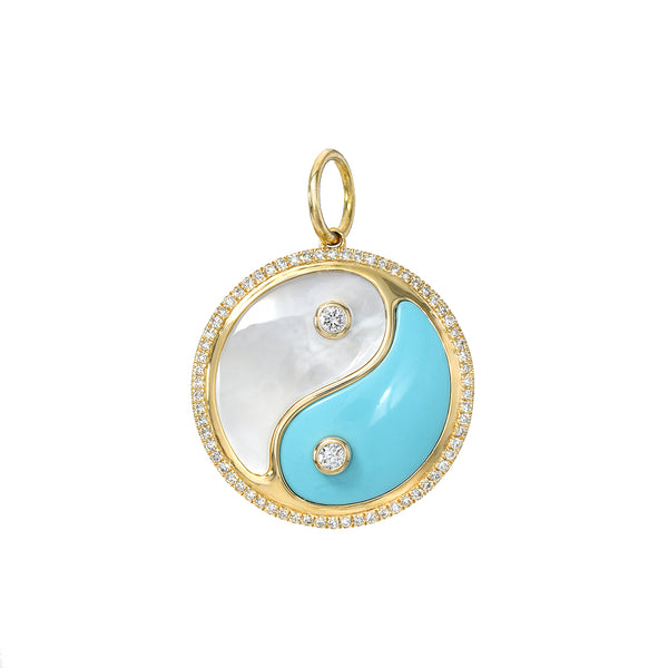 Diamond Ying Yang Turquoise Mother Of Pearl Necklace Charm