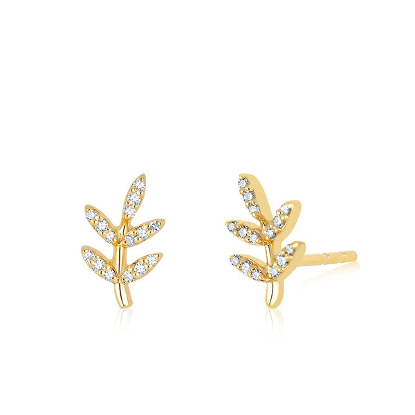 Yellow Gold Diamond Leaf Stud Earrings