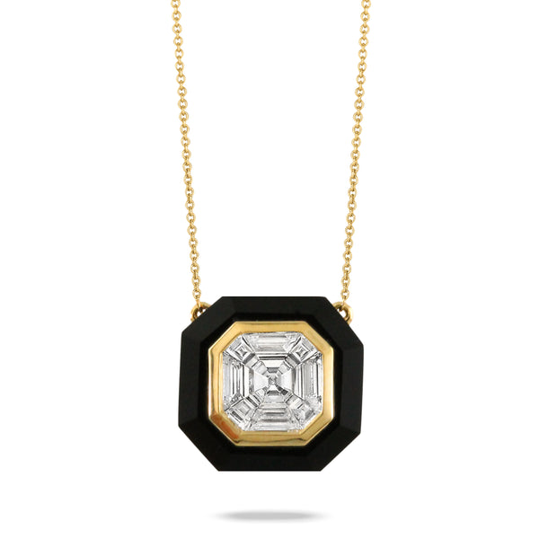 Gold Black Onyx And Invisible Set Diamond Necklace