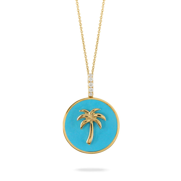 Yellow Gold Diamond Turquoise Palm Tree Necklace