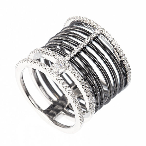 Black Coil And Diamond Wide Ring