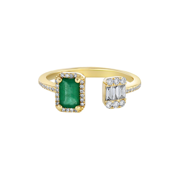 Yellow Gold Emerald And Diamond Baguette Open Ring