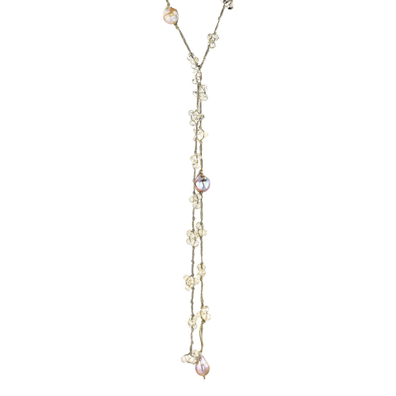 Gold Silk Pearl And Briolette Lariat Necklace
