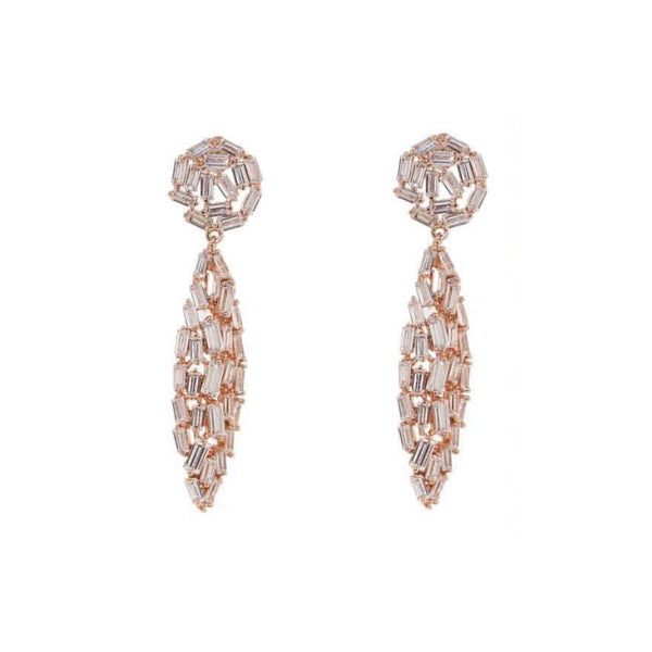 Silver Rose Plated Baguette Diamond Drop Earrings