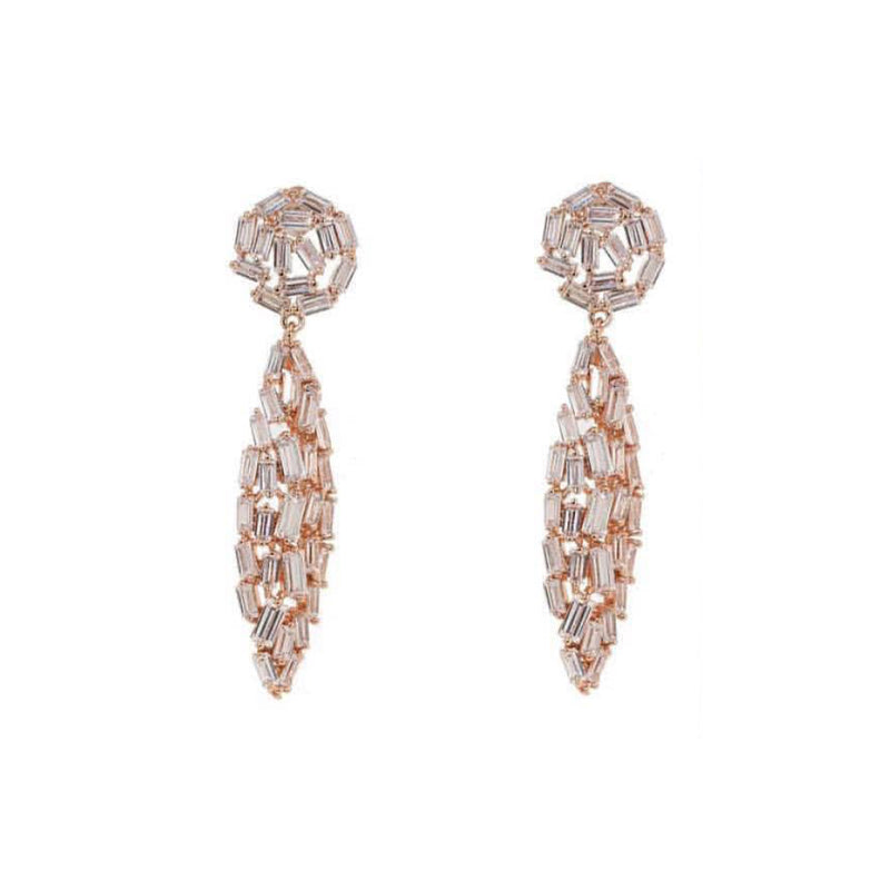 Silver Rose Plated Baguette Diamond Drop Earrings